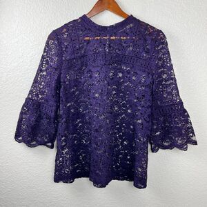 Loft Womens Purple Lace Workwear 3/4 Sleeve High Neck Blouse M